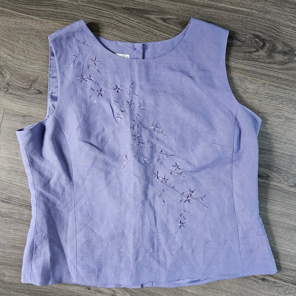 Natural Instincts Womens 16 Linen Blend Embroidered Shell Top Purple Button Back